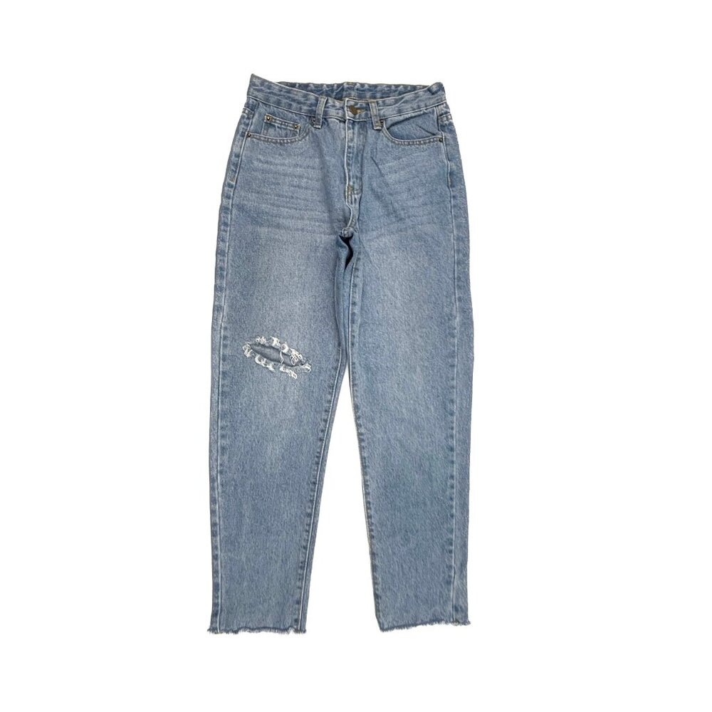 Shein Distressed Raw Hem Straight Leg Women's size XS Medium Blue Denim Jeans